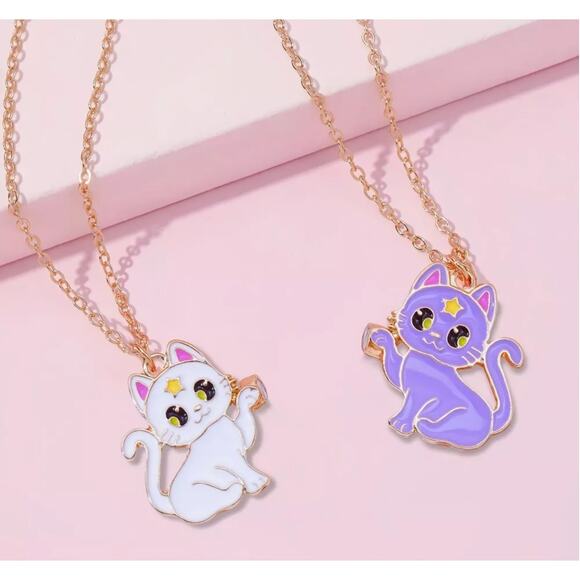 BFF Cat Necklace Set Magnetic Matching Best Friend Jewelry White Purple Kawaii - Picture 2 of 5